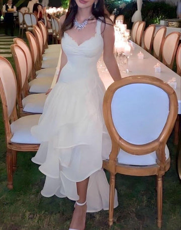 Niulatu High Low Straps Neckline Sleeveless White Long Prom Dresses SD2007